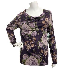 Lauren Ralph Lauren Long Sleeve Pullover Sweater Purple Floral Large Silk Blend